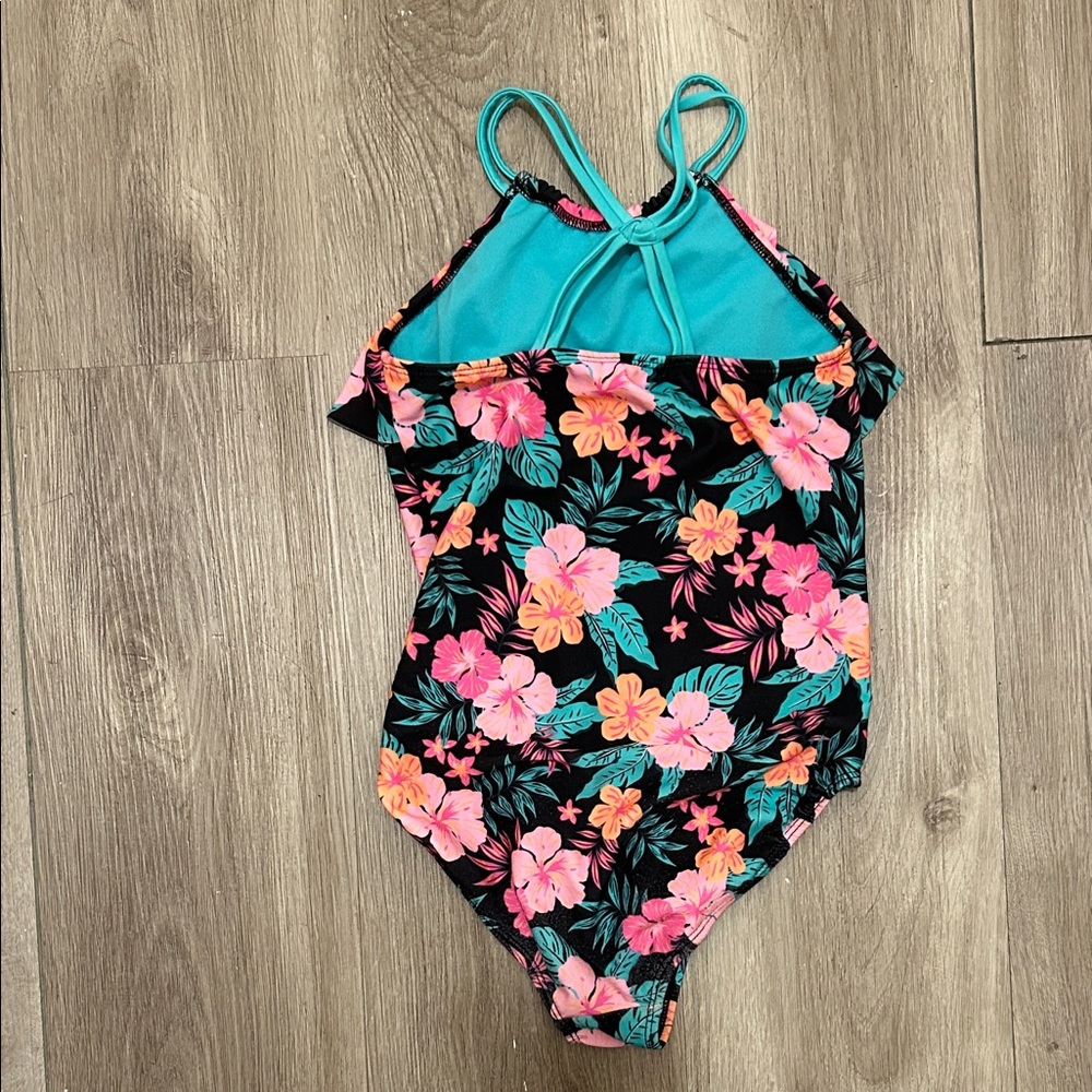 Wonder Nation Floral Kids Swim One Piece - Black and Pink - Picture 3 of 4